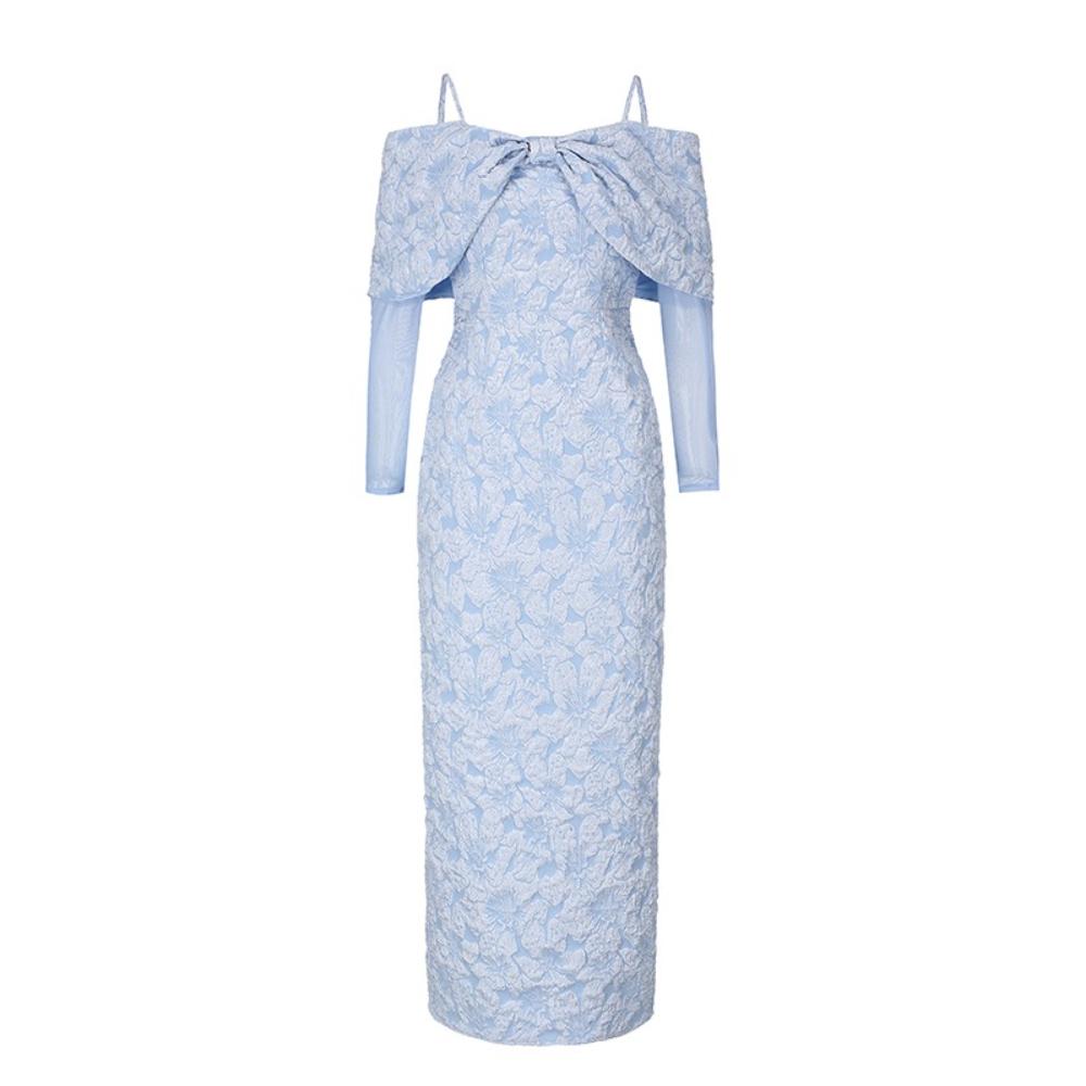Solid Floral Jacquard-Patterned Tulle-Panel Dresses for Women Elegant Slash Neck Long Sleeve High Waist Evening Dress Female Fashion 2026