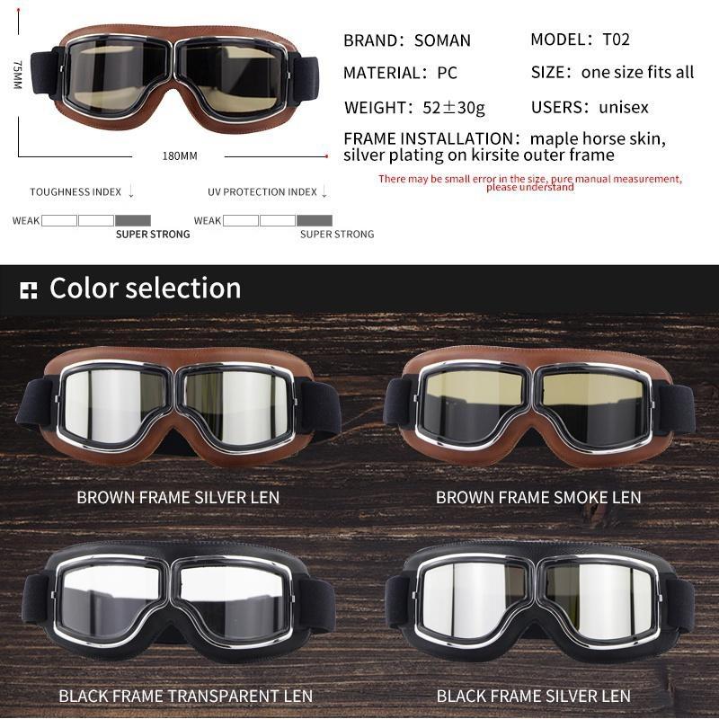 Vintage Pilot Motorcycle Goggles Leather Cruiser Scooter Sunglasses Lens Protective Gears For Retro Open Face Helmet