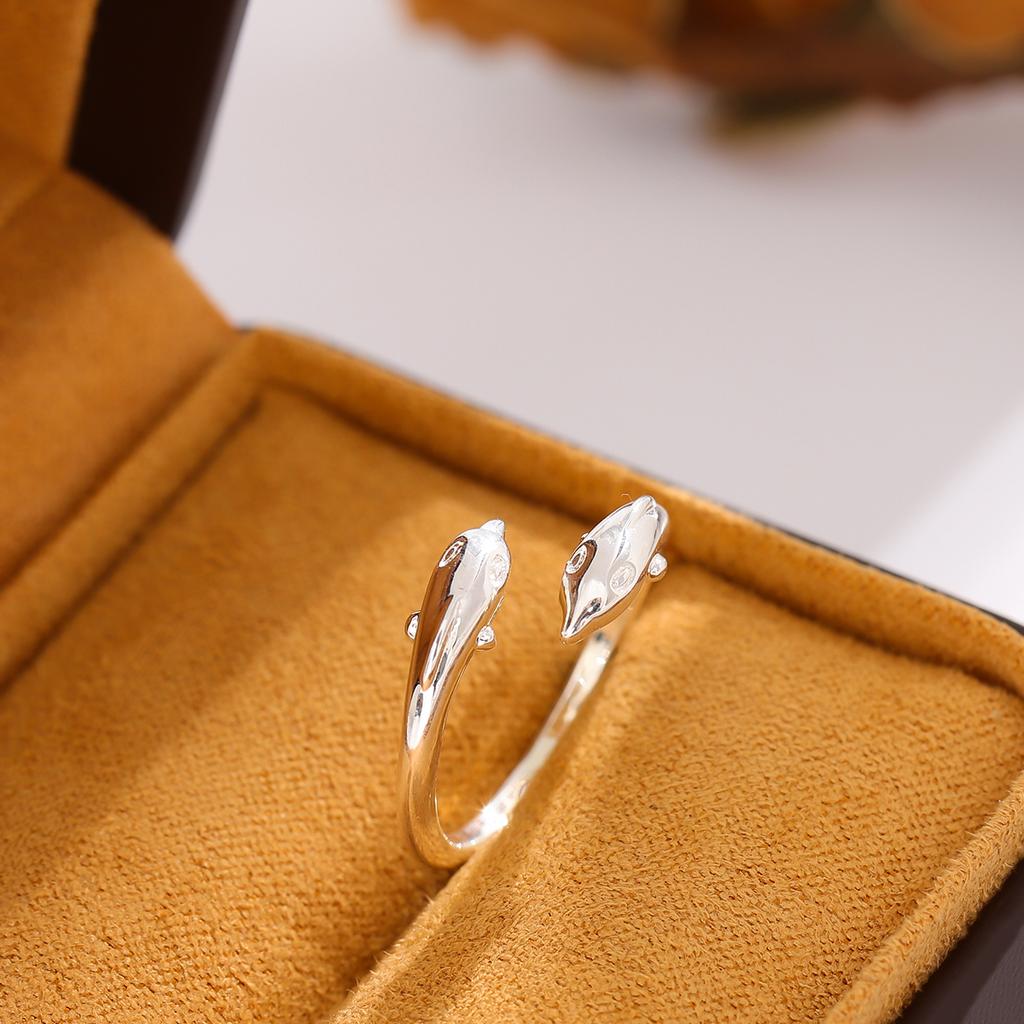 New Popular Exquisite Animal 925 Sterling Silver Jewelry Creative Double Dolphin Hypoallergenic Female Opening Rings  R289