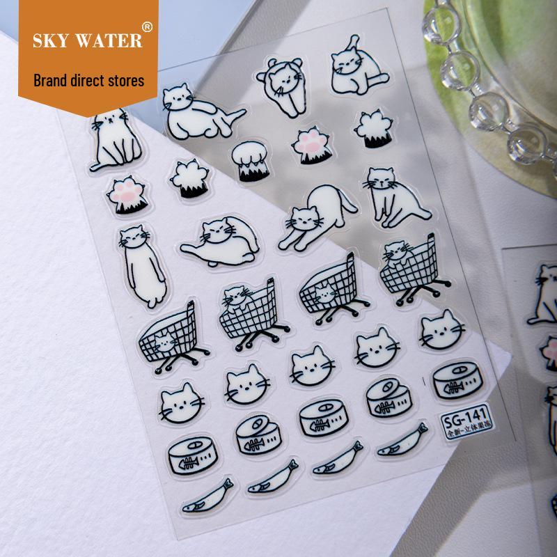 Niedliche Katzen-Linienkunst-Nagelsticker im koreanischen Stil – Gelee-Kleber