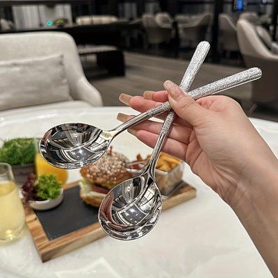 2 Löffel mit Hammermuster aus Edelstahl mit langem Griff, für Kaffee, Dessert, Esslöffel, für Zuhause, runder Kopf, Esslöffel, Suppenlöffel