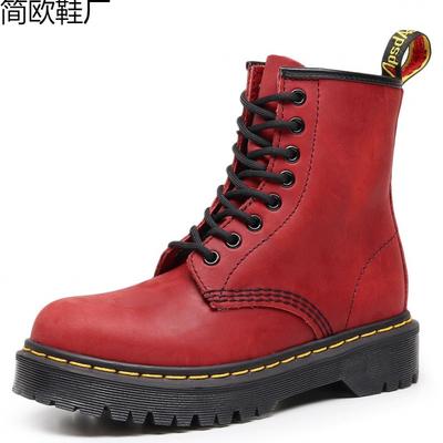 Botas Martin de cano alto para trabalho botas femininas camada superior Couro Crazy Horse botas curtas vermelhas botas de couro masculinas e femininas bico redondo