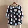 Camicia alla moda e casual da donna a maniche corte con scollo rotondo e stampa, blusa top in cotone e lino