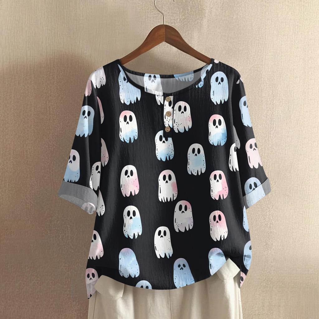 Camicia alla moda e casual da donna a maniche corte con scollo rotondo e stampa, blusa top in cotone e lino