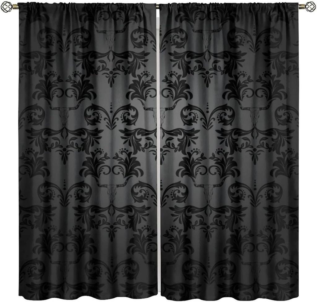 Gothic Black Damask Curtain Vintage Floral Exotic Suger Skull Window Treatments Bedroom Bone Skeleton Antique Bohemian Polyester Washable Ready