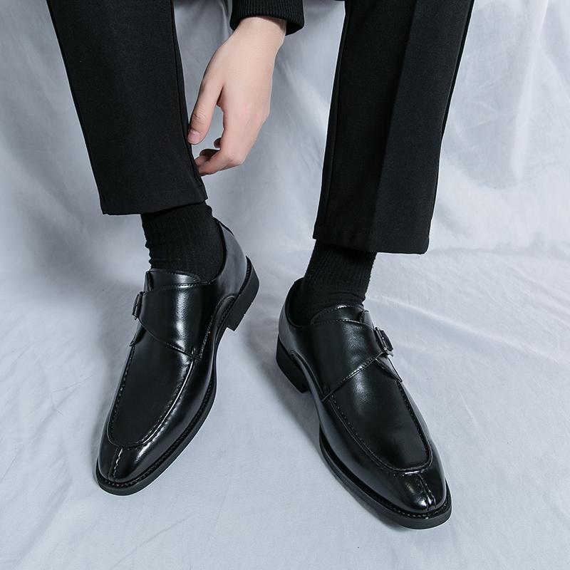 Fashion Men Pointed Toe British Men Leather Shoes Buckle Low Heel Single Shoes Large Size Men Shoes Slip on