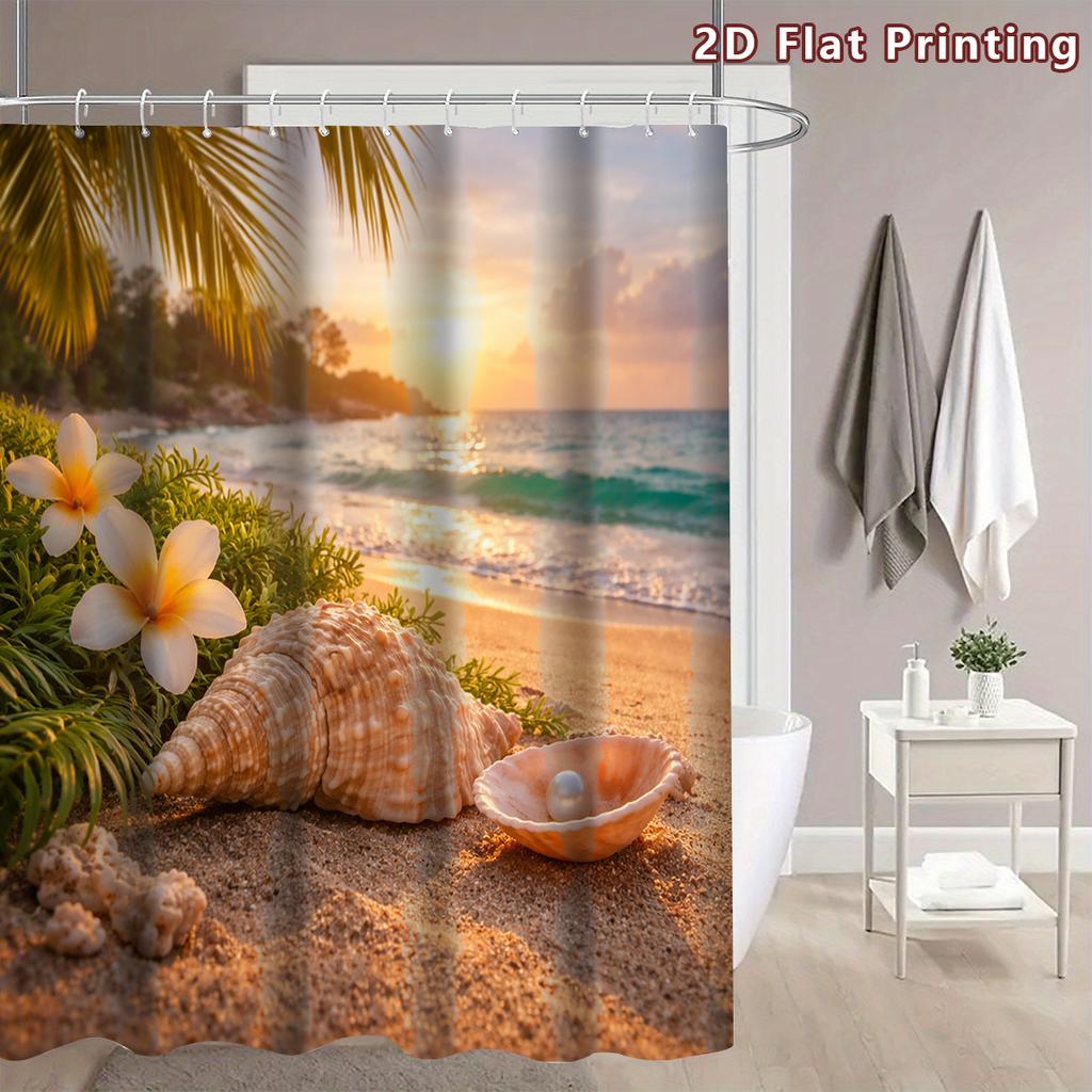 4Pcs Tropical Beach Shower Curtain Set with Non-Slip Bath Mat, Toilet Lid Cover, Contour Rug & 12 Hooks, Bathroom Decor