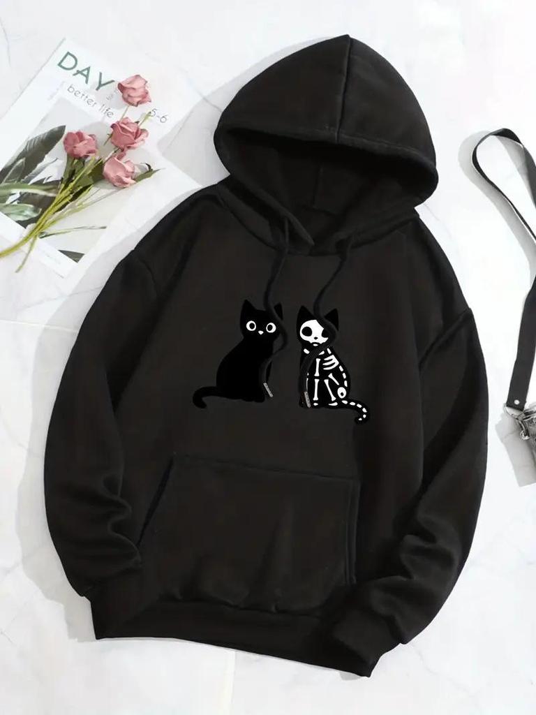 2025 American Style Cat Pattern Hooded Sweatshirt - Loose Fit for Autumn/Winter