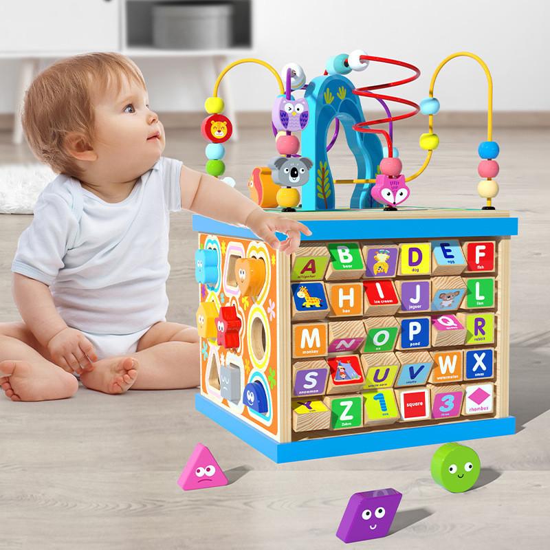 Large Wooden Multifunctional Educational Bead Box For Kids With Shape Sorting And Sensory Play Features