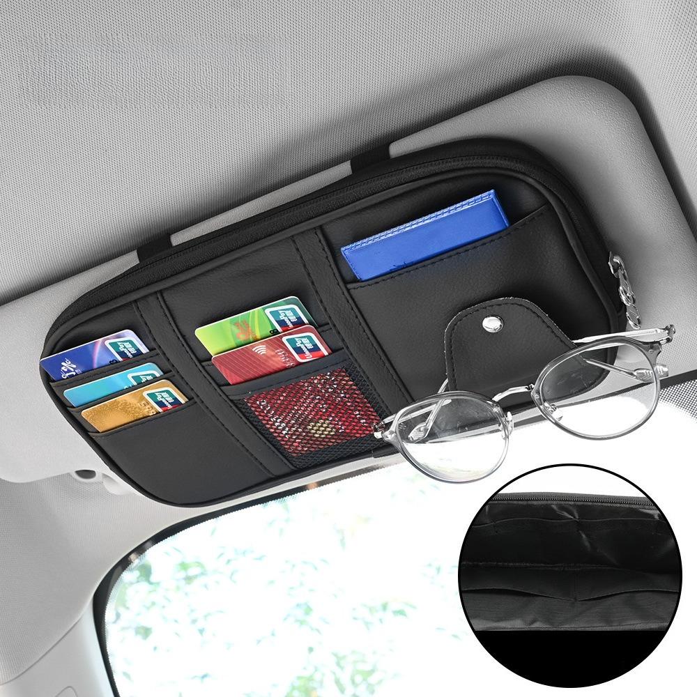 Leather Large Capacity Car Sun Visor Organizer Clip Sunshade Storage Bag Pouch Bill Pen Card Glasses Sunglasses Holder Mount