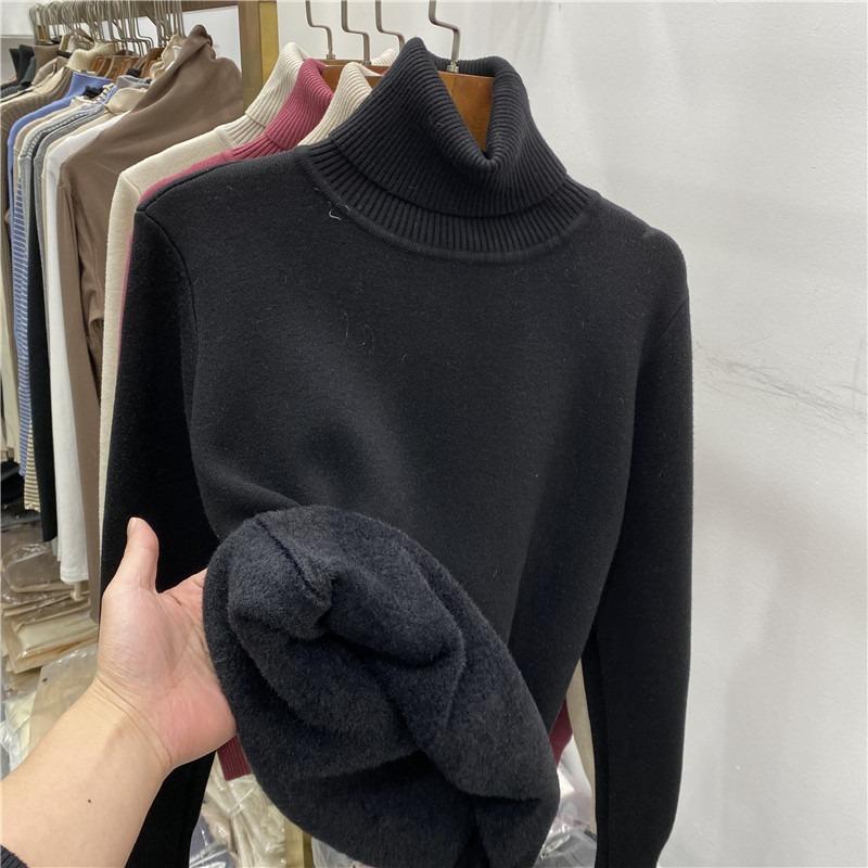 Toamnă Iarnă Gros Cald Catifea Guler Înalt Pulover de Damă Mânecă Lungă Solid Pluș Pulovere Femei Croială Slim Casual Tricotaje Pulovere 25196