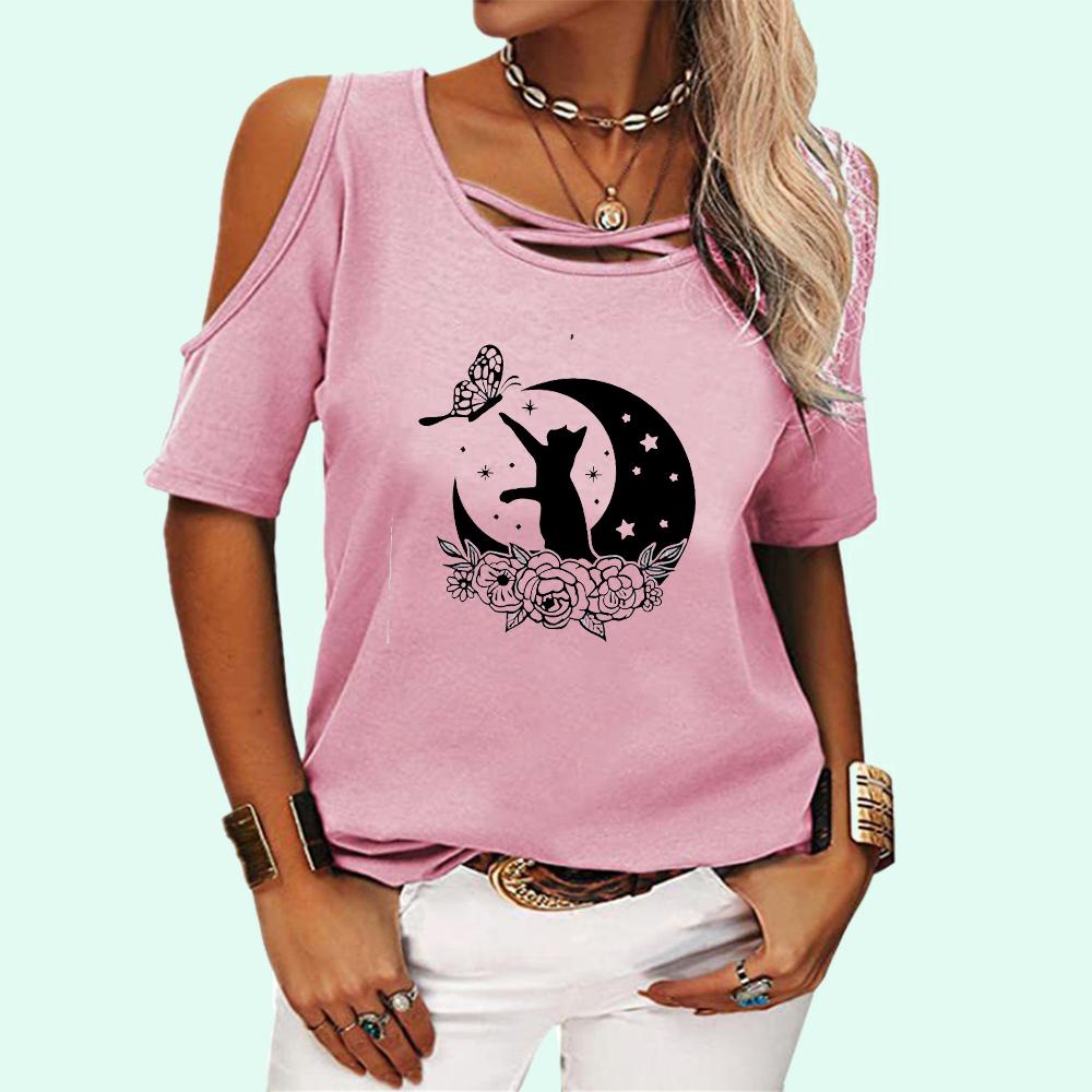 

Женская повседневная футболка с открытыми плечами, летняя и осенняя футболка с круглым воротником и короткими рукавами, женская модная футболка с принтом кота S розовый