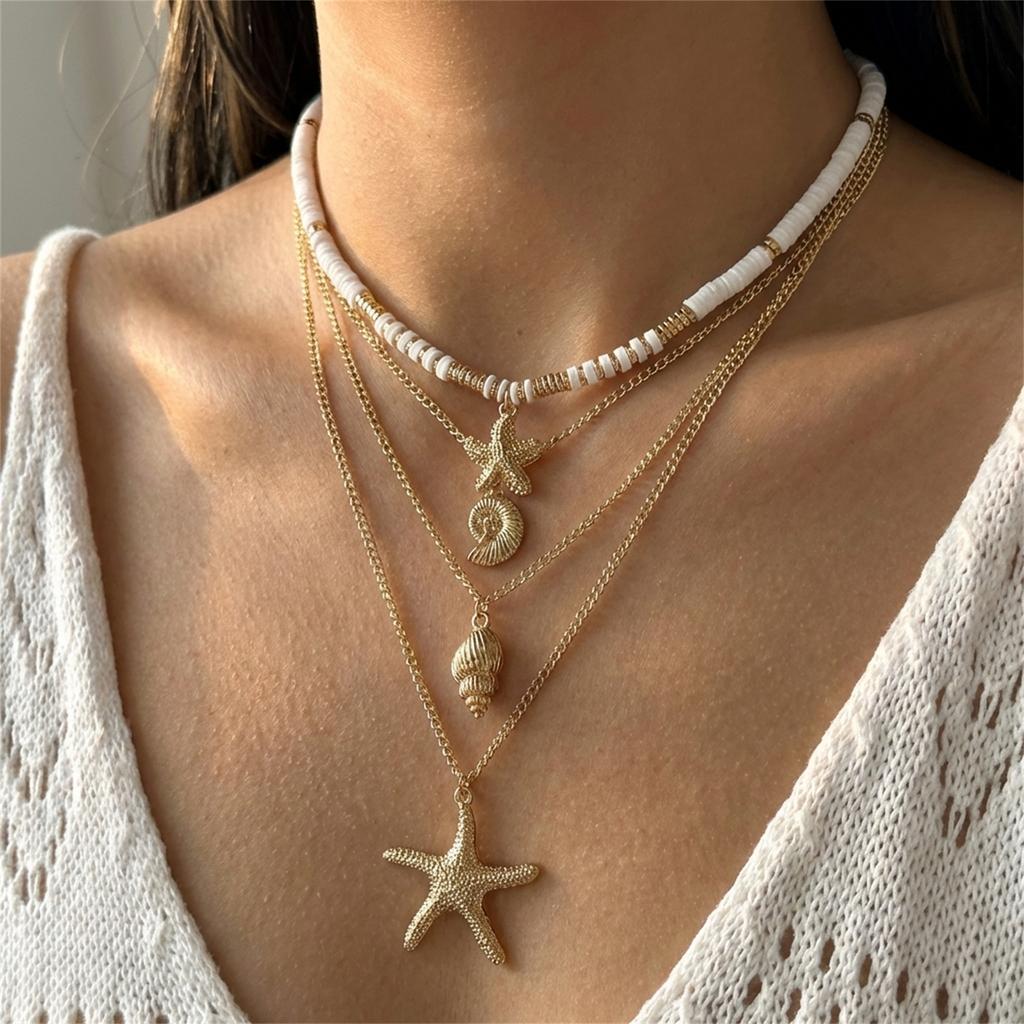 Bohemia Ocean Starfish Pendant Choker Necklace for Women Colorful Stone Imitation Pearl Shell Necklaces Holiday Party Jewelry