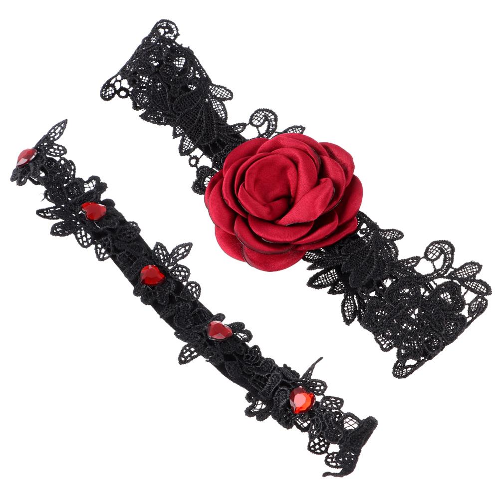 Women Girls Leg Garter Handmade Bridal Garter Stretch Red Rose Flower Garters Lace Lace Leg Ring Set Embroidered Stretch Garter
