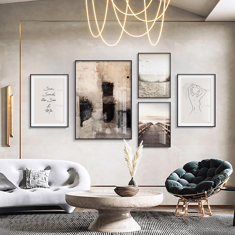 Nordic Poster Natural Landscape Picture Abstract Woman Line Wall Art Canvas Prints Sandy Beach Grass Painting Modern Home Decor