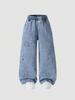 Girls' Single-Pack Embroidered Denim Jeans – Cute & Sweet Style with Bow and Heart Embroidery, Unique Acid-Wash Straight-Leg Fit