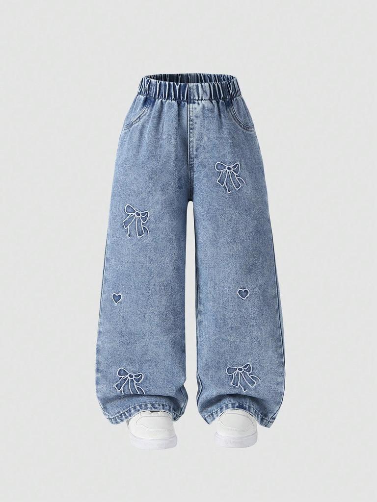 Girls' Single-Pack Embroidered Denim Jeans – Cute & Sweet Style with Bow and Heart Embroidery, Unique Acid-Wash Straight-Leg Fit