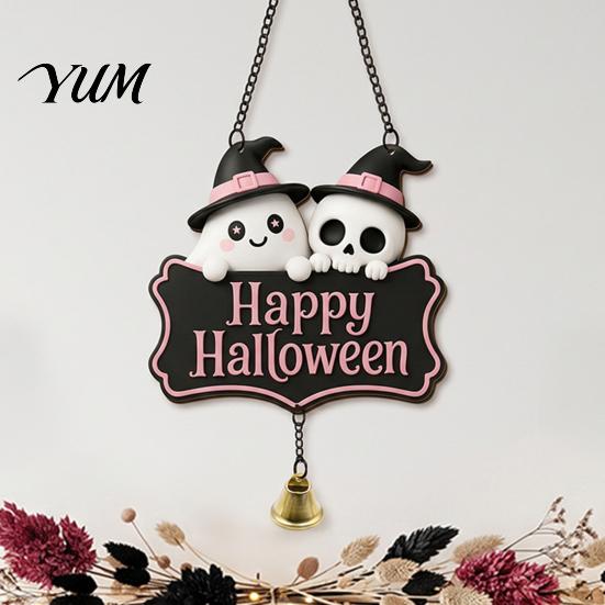 Festive Entrance Hanging Bell Halloween Cute Witch Hat Ghost Door Sign, Wooden Decoration, Decorative Skull Doorbell Pendants for Indoor Outdoor Home
