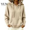 Daily Wear Hoodie Women Knit for Fall Winter, Long Sleeve Pullover Sweater Cozy Autumn Outerwear with Front Pocket, Solid Color Casual Hooded Top