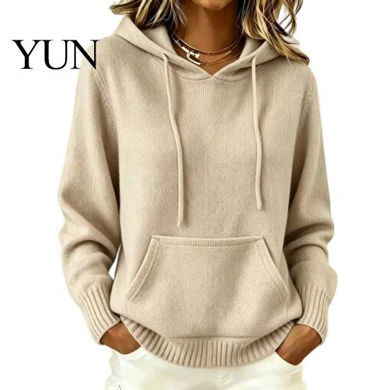 Daily Wear Hoodie Women Knit for Fall Winter, Long Sleeve Pullover Sweater Cozy Autumn Outerwear with Front Pocket, Solid Color Casual Hooded Top