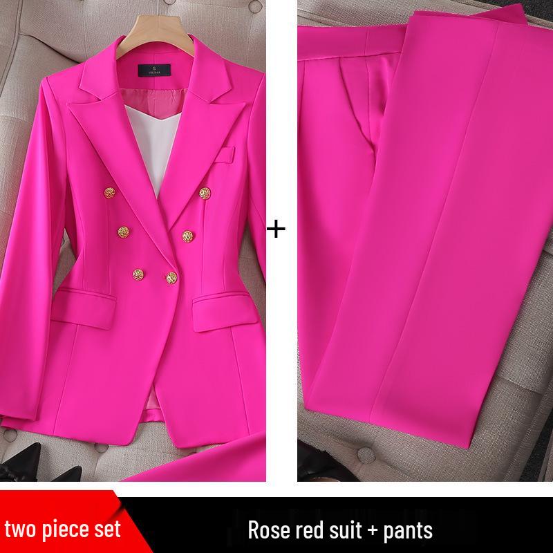 Women's Rose Red Elegant Three-Piece Suit: Spring/Fall Long Sleeve Jacket.
