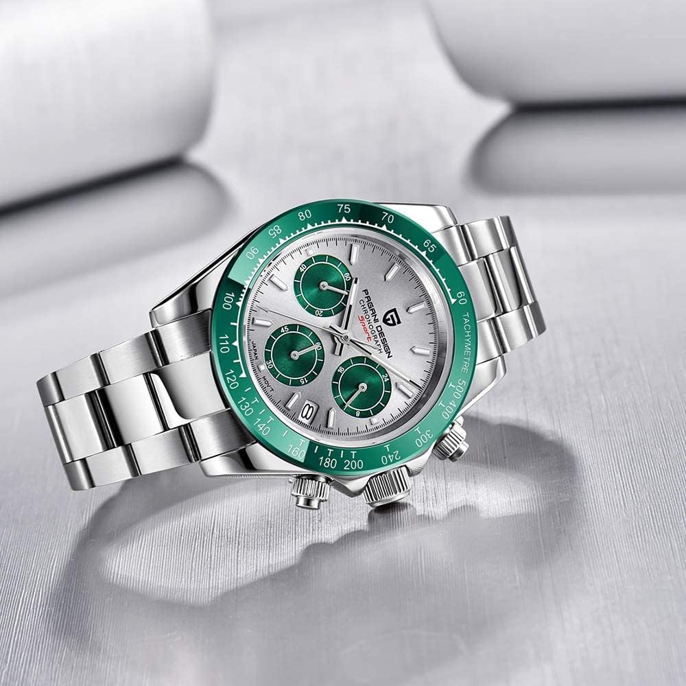 Pagani Design Men's Watch Seiko Quartz Movement Chronograph Waterproof Ceramic Bezel Stainless Steel Strap Green