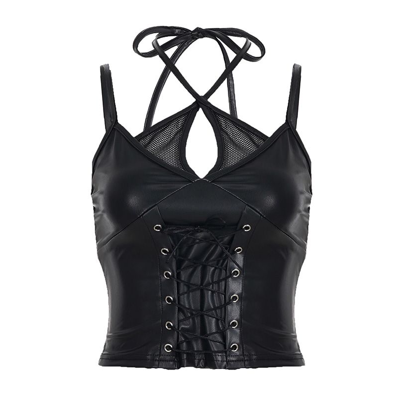 H Home European and American Women's Clothing Pull Cool Dark Corns Lace-up Patchwork Leather Strap Female Kpop Fake Two-Piece Black Corset