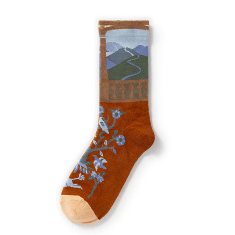 French Retro Abstract Oil Painting Mid-Calf Socks - Trendy Autumn/Winter High-Top Creative Combed Cotton for Women