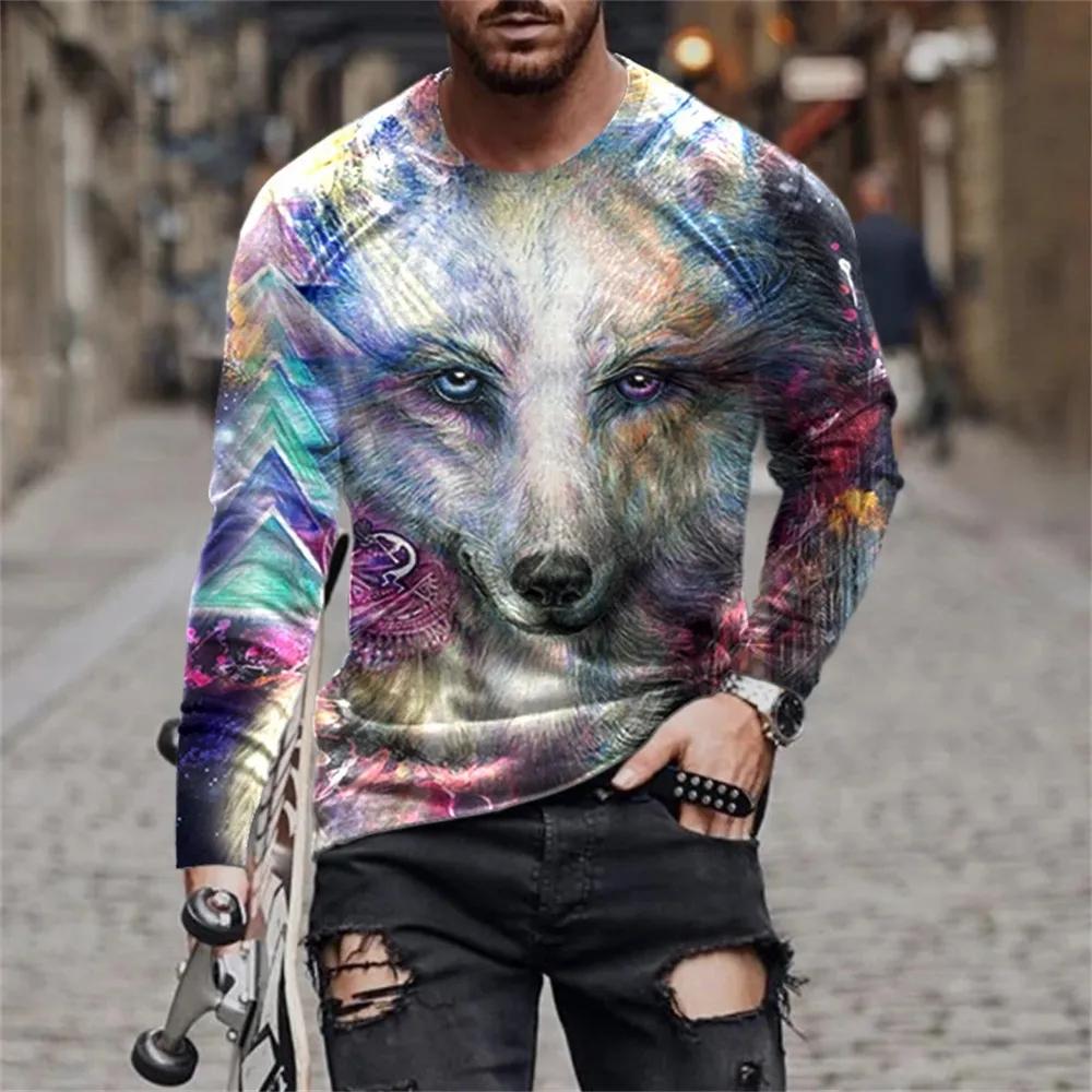 Fashionable New Animal Lion Print Men's O-neck Long Sleeved T-shirt Casual Oversized Pullover Round Neck Comfortable Top
