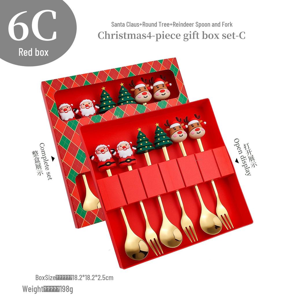 Cross-Border Christmas Stainless Steel Fork & Spoon Gift Set - Reindeer & Snowman Cartoon Pattern Dessert Gold Cutlery