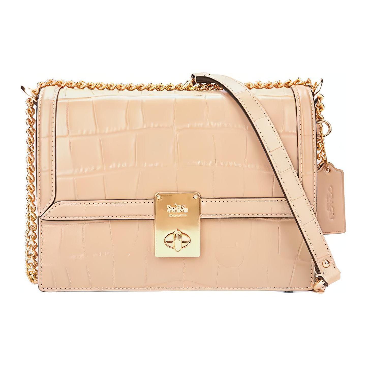 Coach Hutton 22 Gold Logo Turnlock Crocodile Pattern Flap Chain Leather Shoulder Bag Small Women shoulder bag Gray-Brown CN060-IMTAU Basic Set (Bag+Dust Bag)