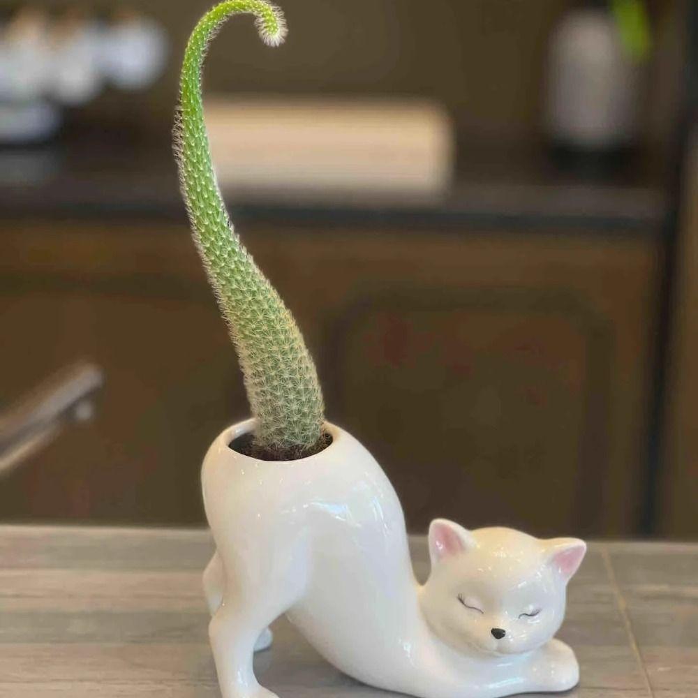 Handicraft Cat Tail Column Flower Pot Ceramic Animal Figurines Sculpture Succulent Flowerpot  Home