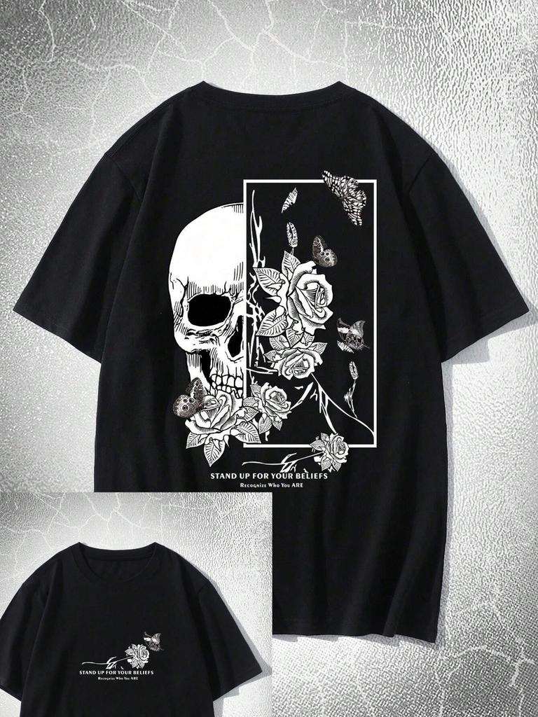 New Goth Men Cotton Butterfly & Skull Print Tee, School T-shirt Suitable for Men - Black Casual Short-sleeved Round-neck T-shirt