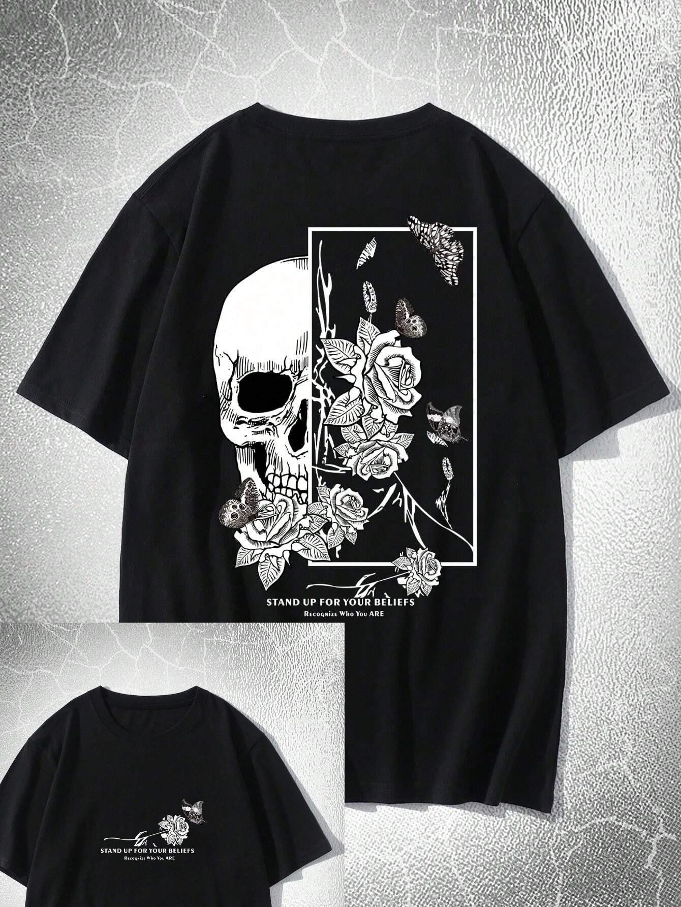 

New Goth Men Cotton Butterfly & Skull Print Tee, School T-shirt Suitable for Men - Black Casual Short-sleeved Round-neck T-shirt 4XL