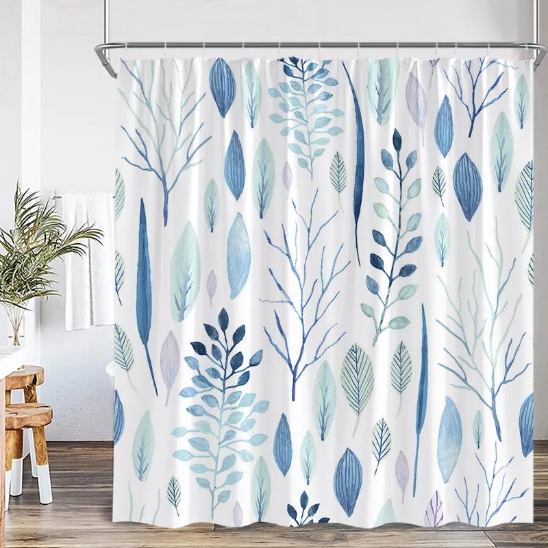 Blue Leaf Watercolor Plant Shower Curtain Modern Minimalist Home Bathroom Decorative Fabric Shower Curtain with Hook