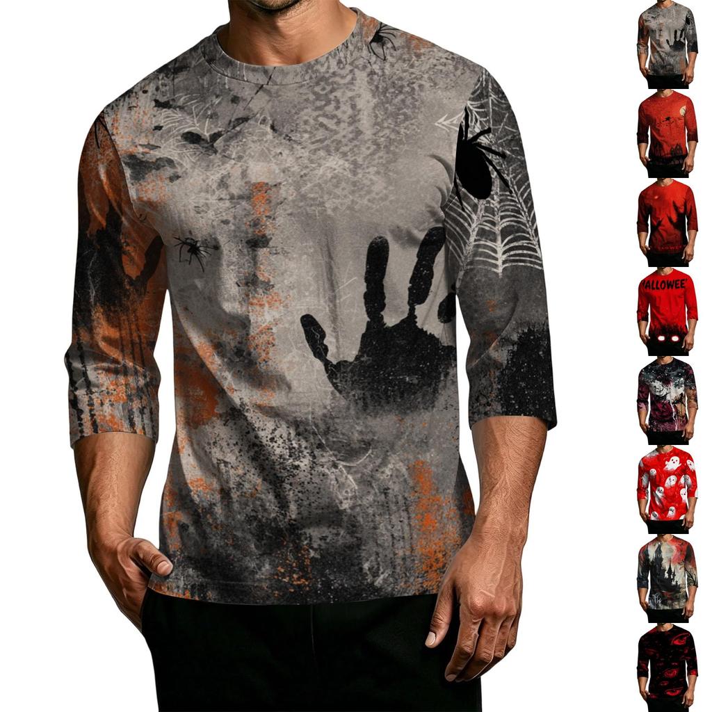 Men's Casual Halloween Print Crew Neck T Shirt Three Quarter Sleeve Top Comfortable Fit Lightweight Fabric Stylish Design
