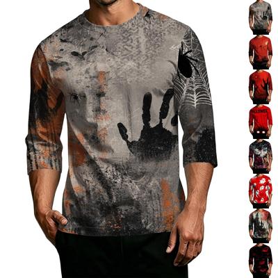 Men's Casual Halloween Print Crew Neck T Shirt Three Quarter Sleeve Top Comfortable Fit Lightweight Fabric Stylish Design