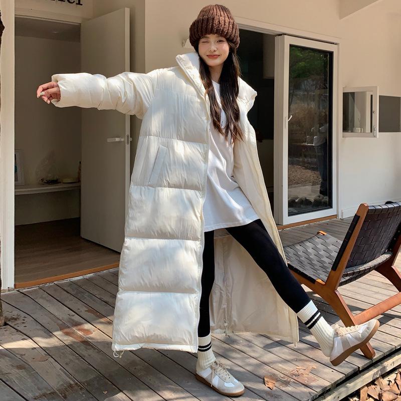 Women's Thick Padded Over-the-Knee Cotton Coat with Stand-Up Collar, Loose Fit, Plus Size, Long-Length Warm Outerwear.