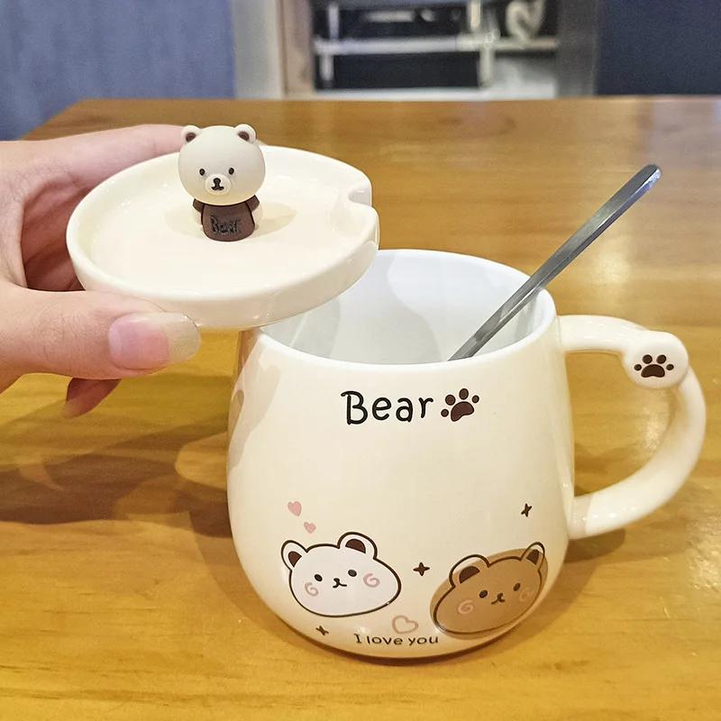 Creative Bear Ceramic Mug,Cute Cartoon Coffee Mugs with Lid Spoon,Breakfast Milk Drink Cups,Couple Water Cup,Office Tea Cup Set