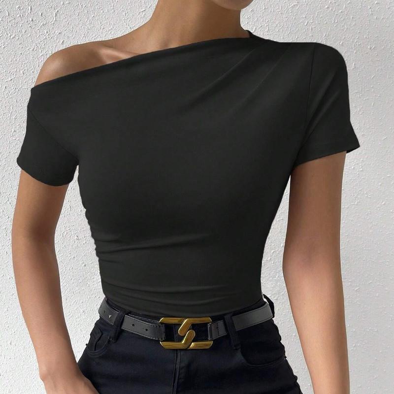 Spring and Summer Solid Colour Fashion Slim Drawstring Irregular Collar Short Sleeve T-Shirt Top