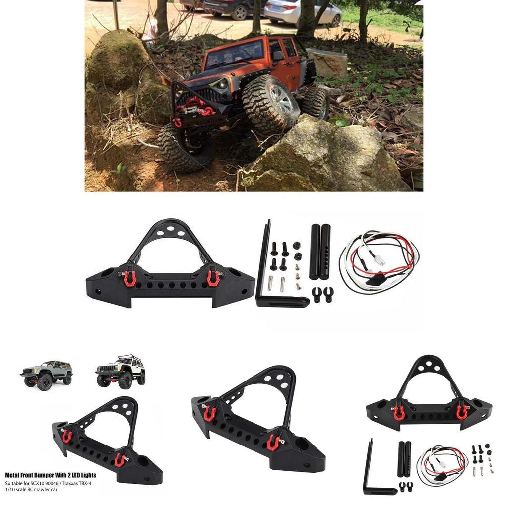 Para-choque Dianteiro de Liga Usinado CNC Preto com Manilha e Luz LED para Traxxas Trx-4 Axial Scx10 Ii Jeep
