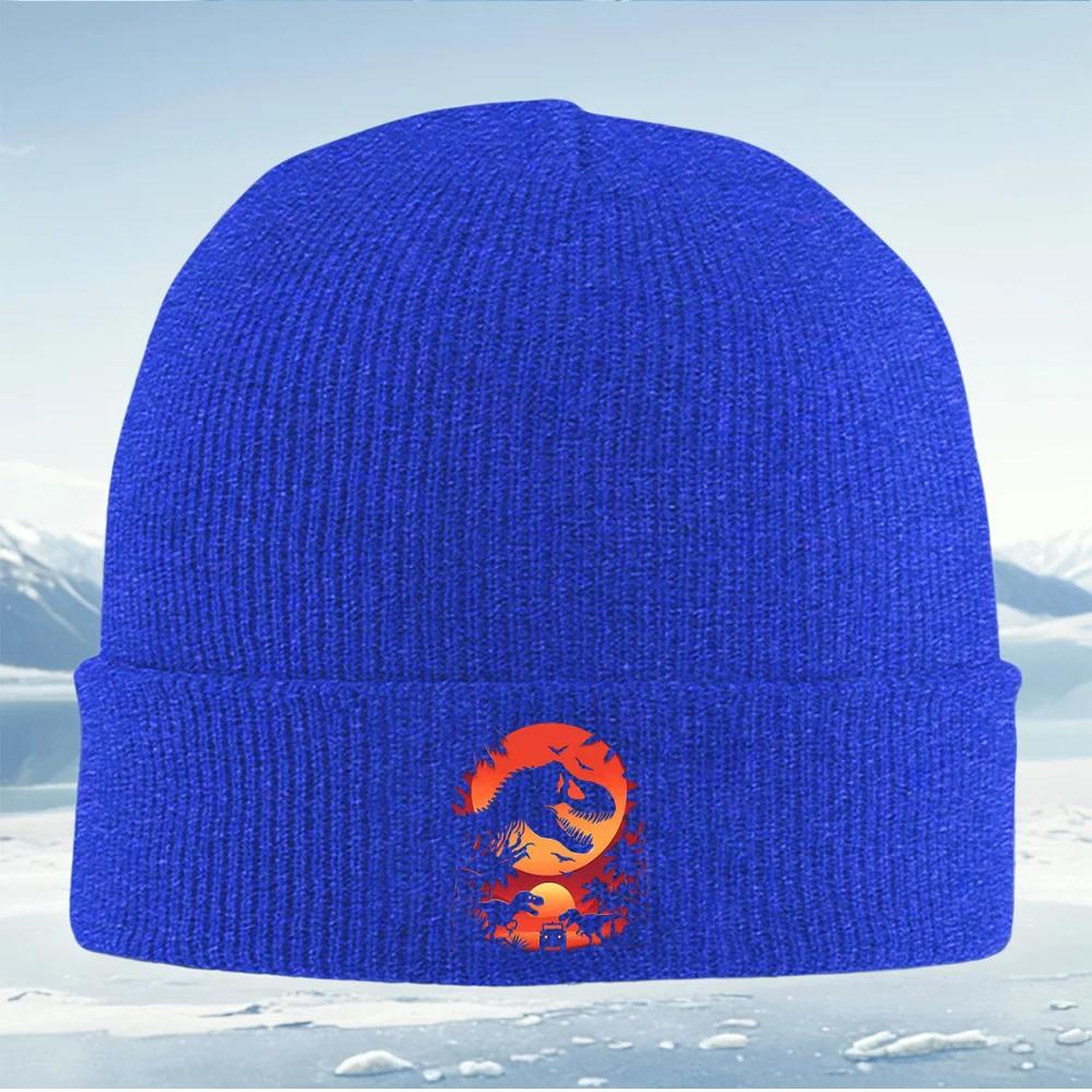 Dinosaur silhouette sunset trees birds vehicle Unisex Women Unisex Knitted Hat Beanie Pullover Cap Winter Thermal Warm Christmas Ou