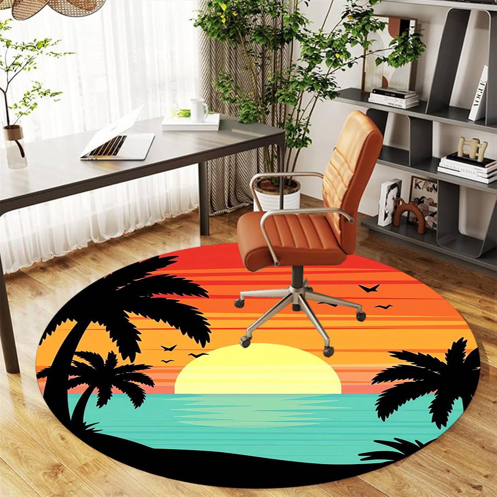 1pc Sunset Palm Trees Round Chair Mat Area Rug - Non-Slip, Floor Mat for Office, Bedroom, Home Decor Christmas Gift P0811203