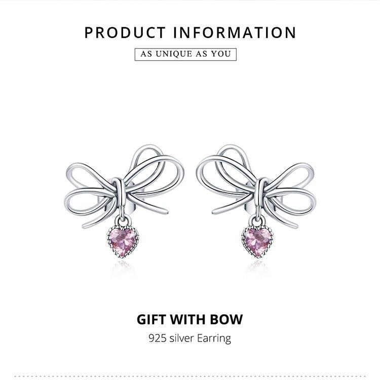 Bamoer 925 Sterling Silver Jewelry with Bow CZ Light Stud Earrings for Women for Girls Gift Statement Jewelry