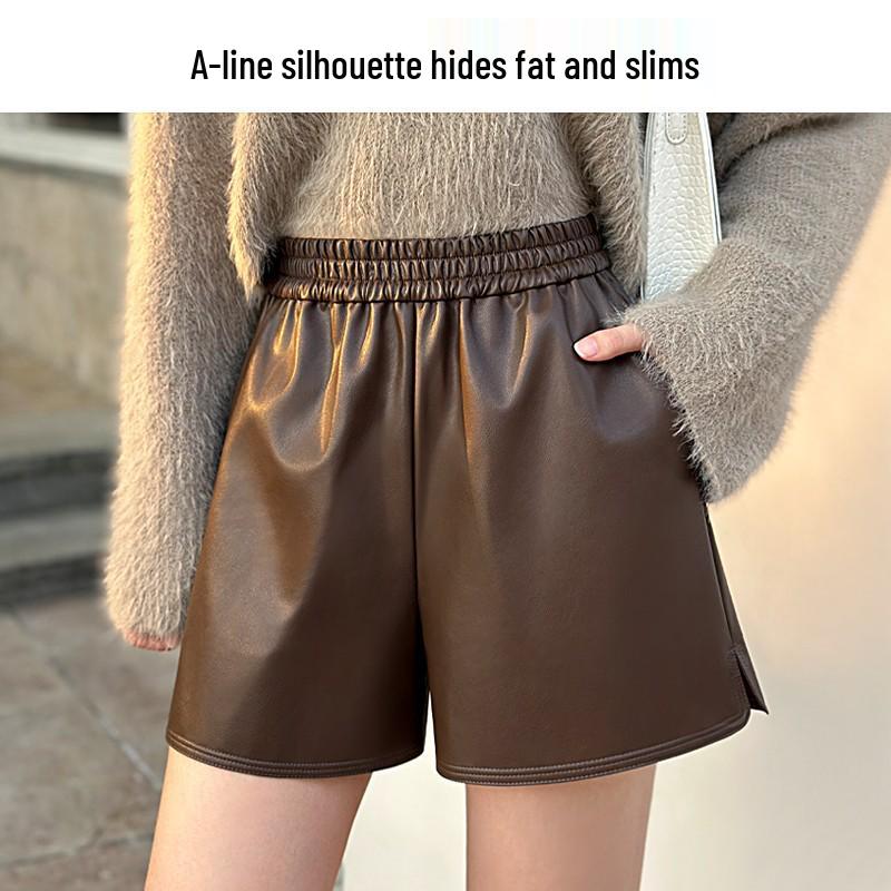 Черные шорты А-силуэта из искусственной кожи с высокой талией для женщин - Осенне-зимний стиль