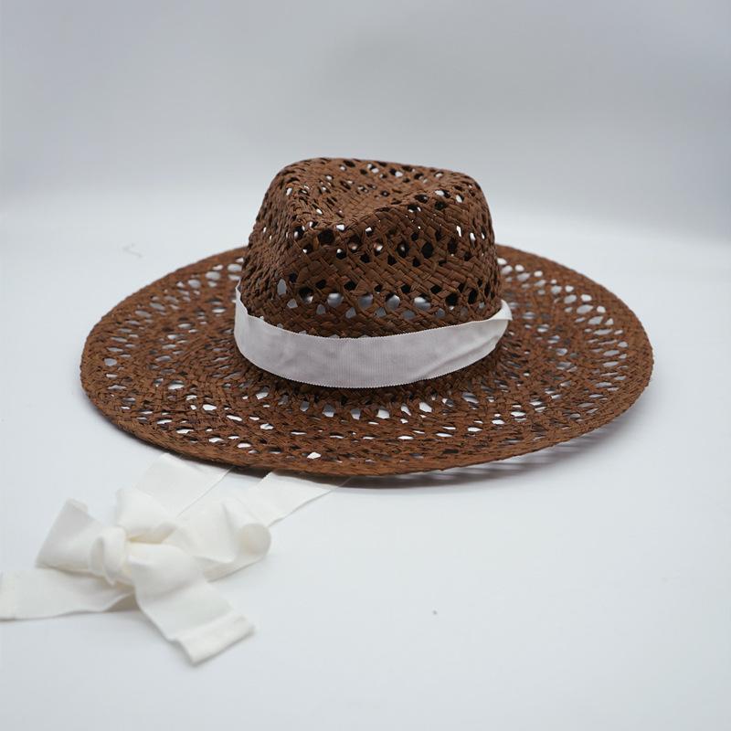Brown Hollow Hand-Woven Raffia Panama Jazz Top Hat Flat Straw Hat Summer Men'S And Women'S Vacation Beach