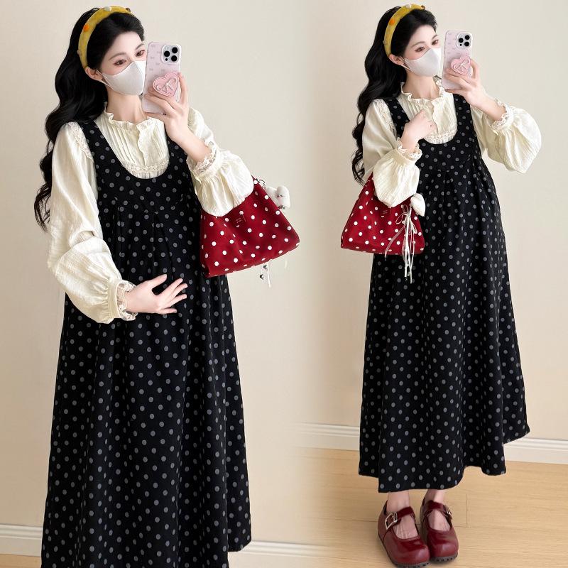 Spring 2026 Polka Dot Loose Maternity Tank Dress & Apricot Lace Trim Maternity Shirt Set 2XL (140-160 lbs)