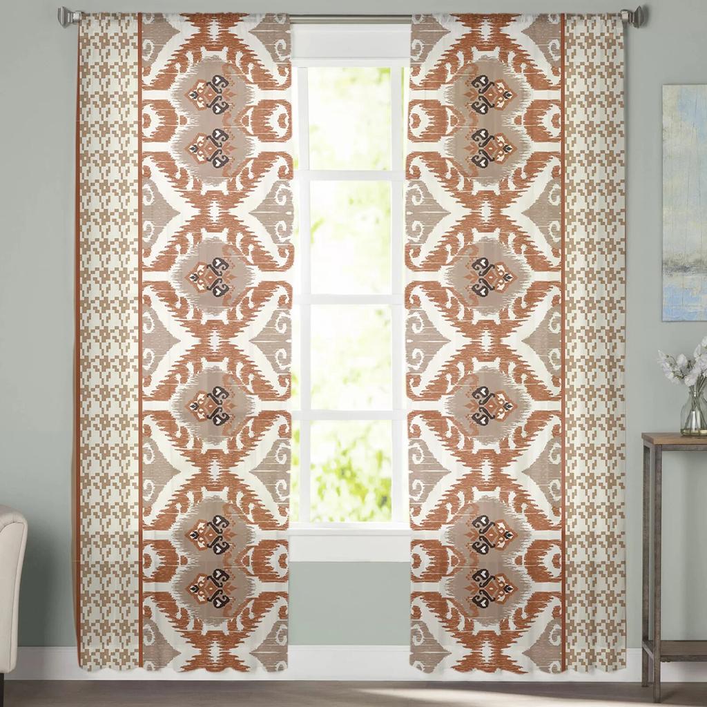 Abstract Line Block Brown Pattern Sheer Curtains for Bedroom Window Holiday Decoration Voile Tulle Transparent