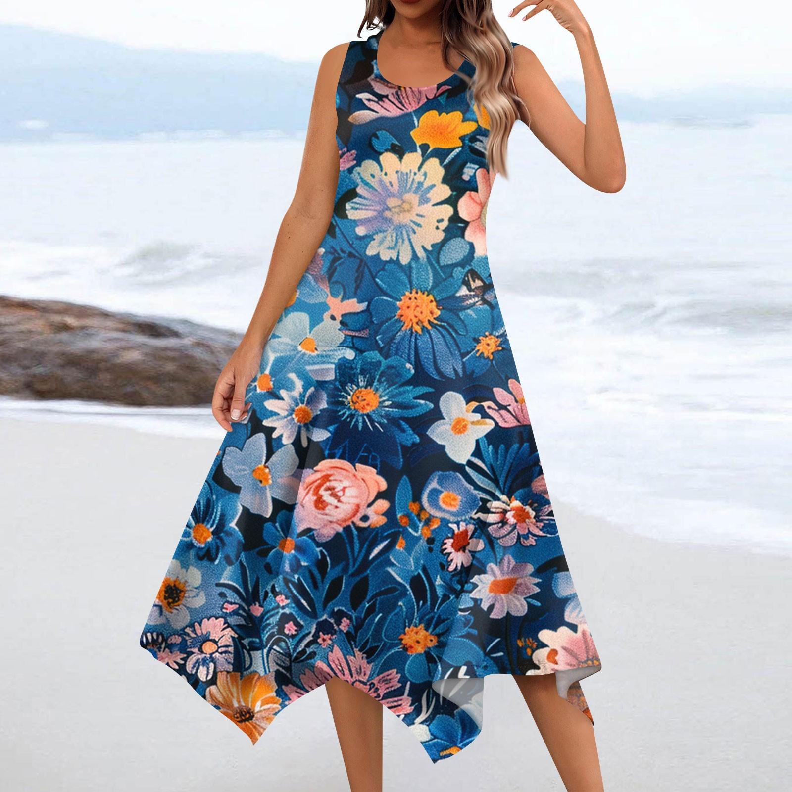 

Женское повседневное модное платье миди без рукавов с круглым вырезом и нерегулярным подолом с цветочным принтом L синий