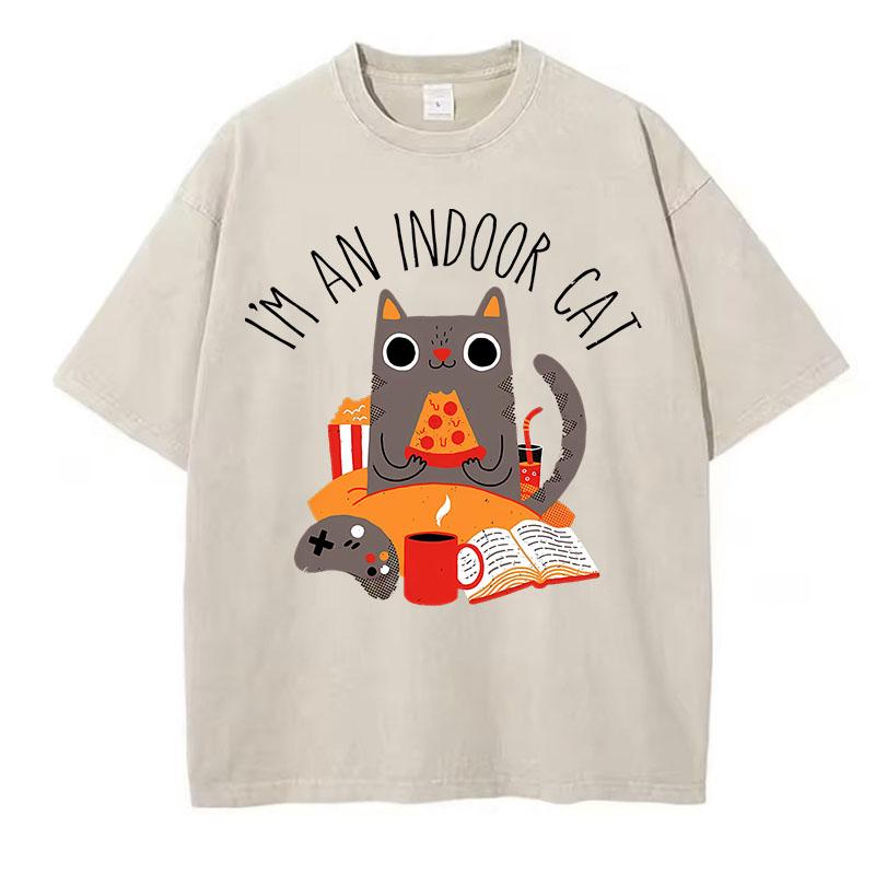 Lustiges Ich Bin Eine Hauskatze Buch T-Shirt Vintage Gewaschenes Baumwoll-T-Shirt Grafik-T-Shirt Lässige Streetwear für den Frühling